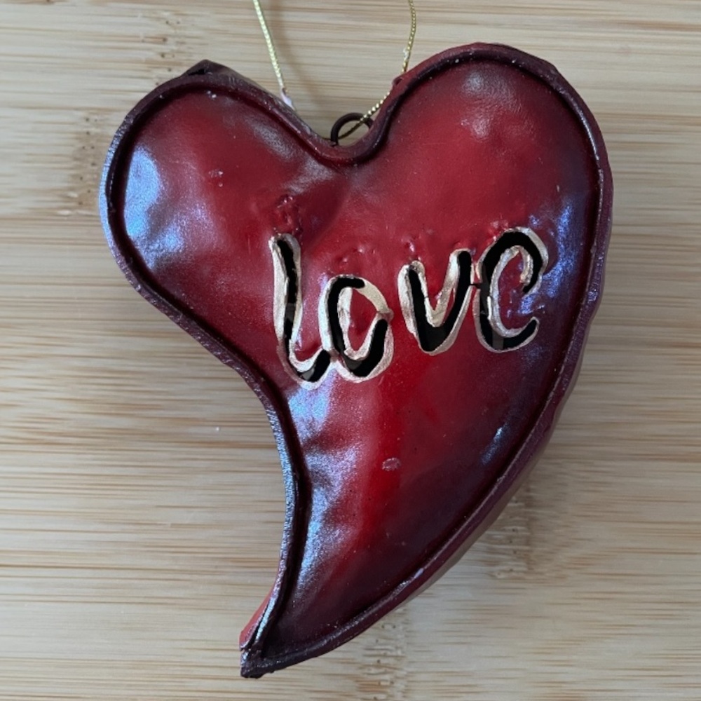 Rustic metal heart with cutout Love, gold cord  for hanging, artisan made